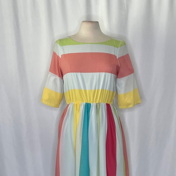 ALICE + OLIVIA Anita Silk Pastel Stripe Dress Retro Blouson Button Back Medium - Picture 4 of 16